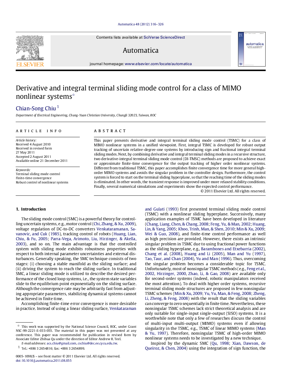 Derivative and integral terminal sliding mode control for a class of MIMO nonlinear systems 