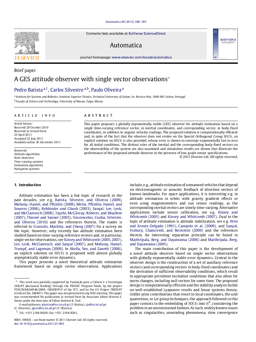 A GES attitude observer with single vector observations 