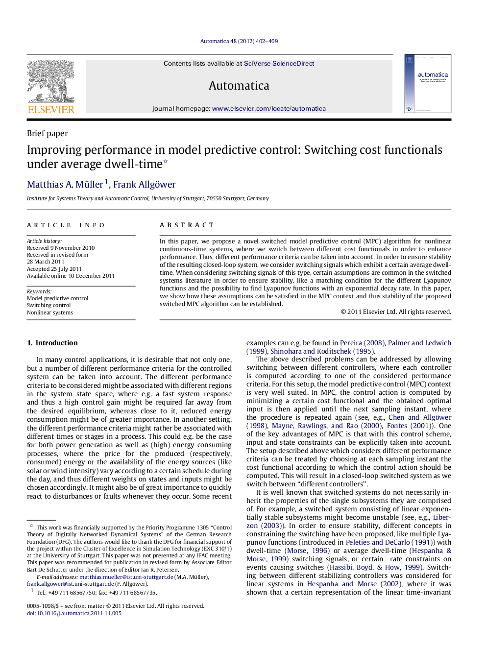 Improving performance in model predictive control: Switching cost functionals under average dwell-time 