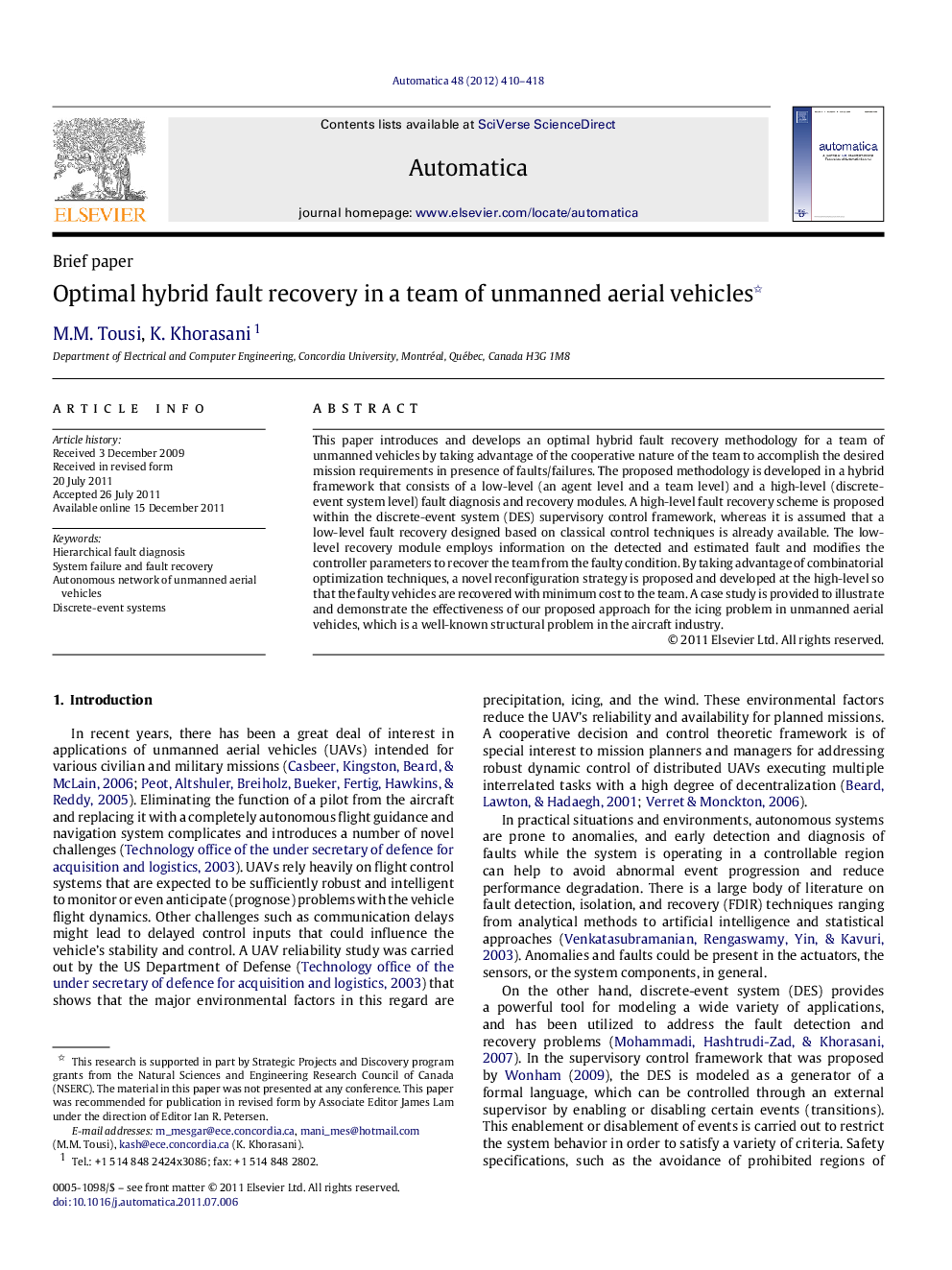 Optimal hybrid fault recovery in a team of unmanned aerial vehicles 