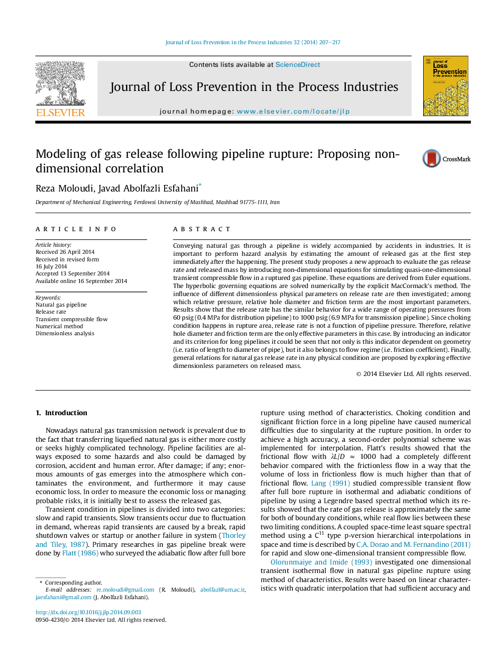 Modeling of gas release following pipeline rupture: Proposing non-dimensional correlation