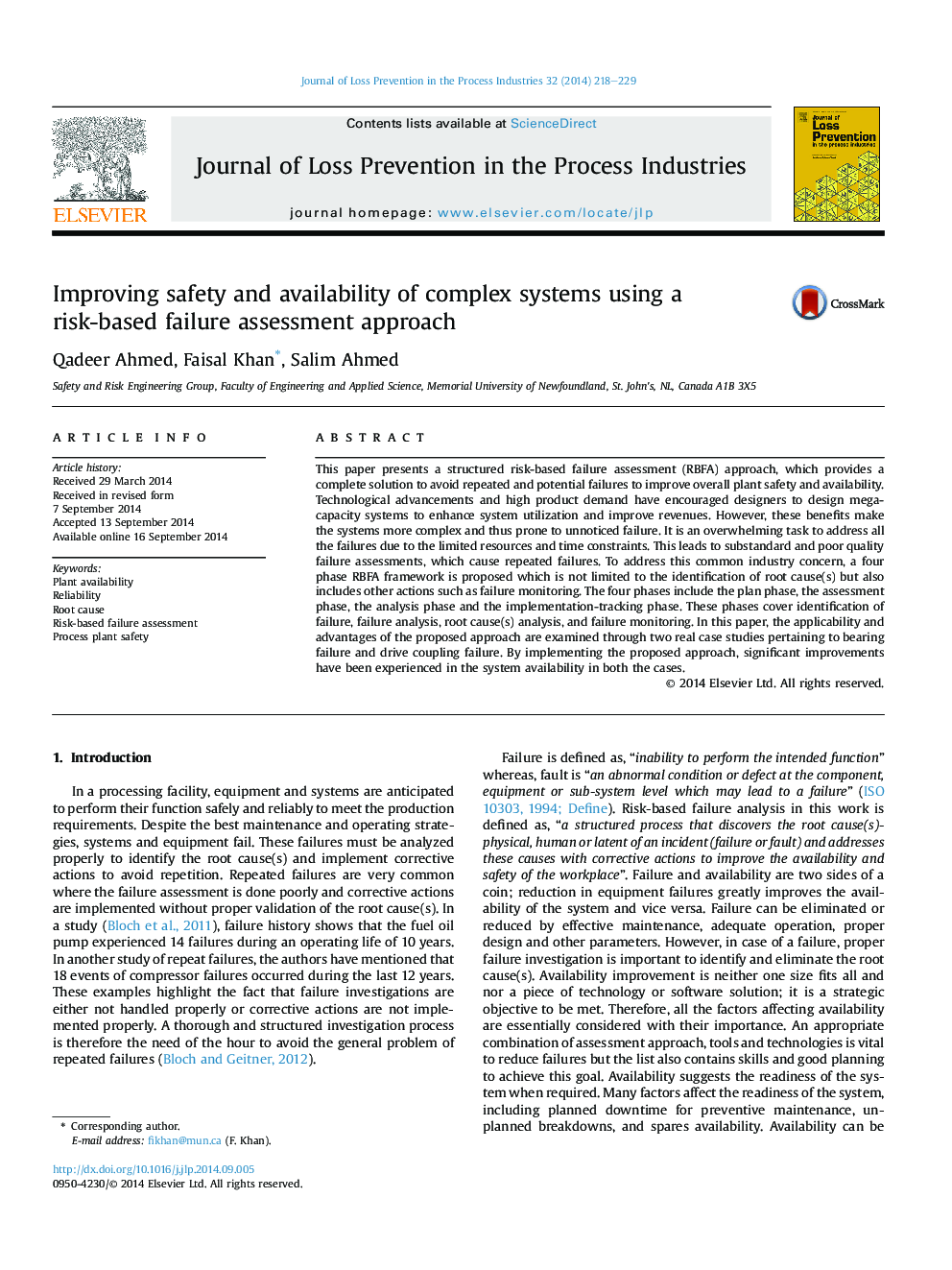 Improving safety and availability of complex systems using a risk-based failure assessment approach