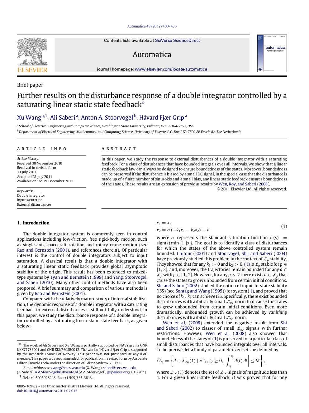 Further results on the disturbance response of a double integrator controlled by a saturating linear static state feedback 