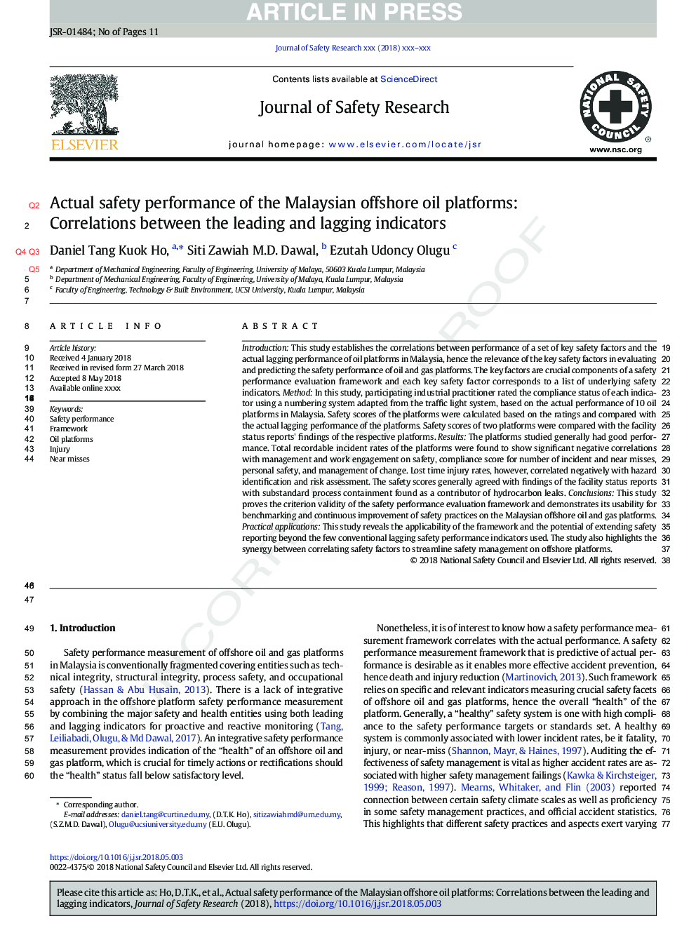 Actual safety performance of the Malaysian offshore oil platforms: Correlations between the leading and lagging indicators