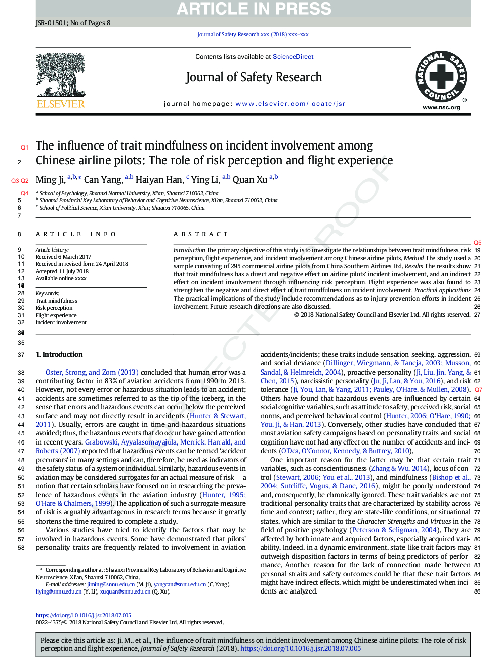 The influence of trait mindfulness on incident involvement among Chinese airline pilots: The role of risk perception and flight experience