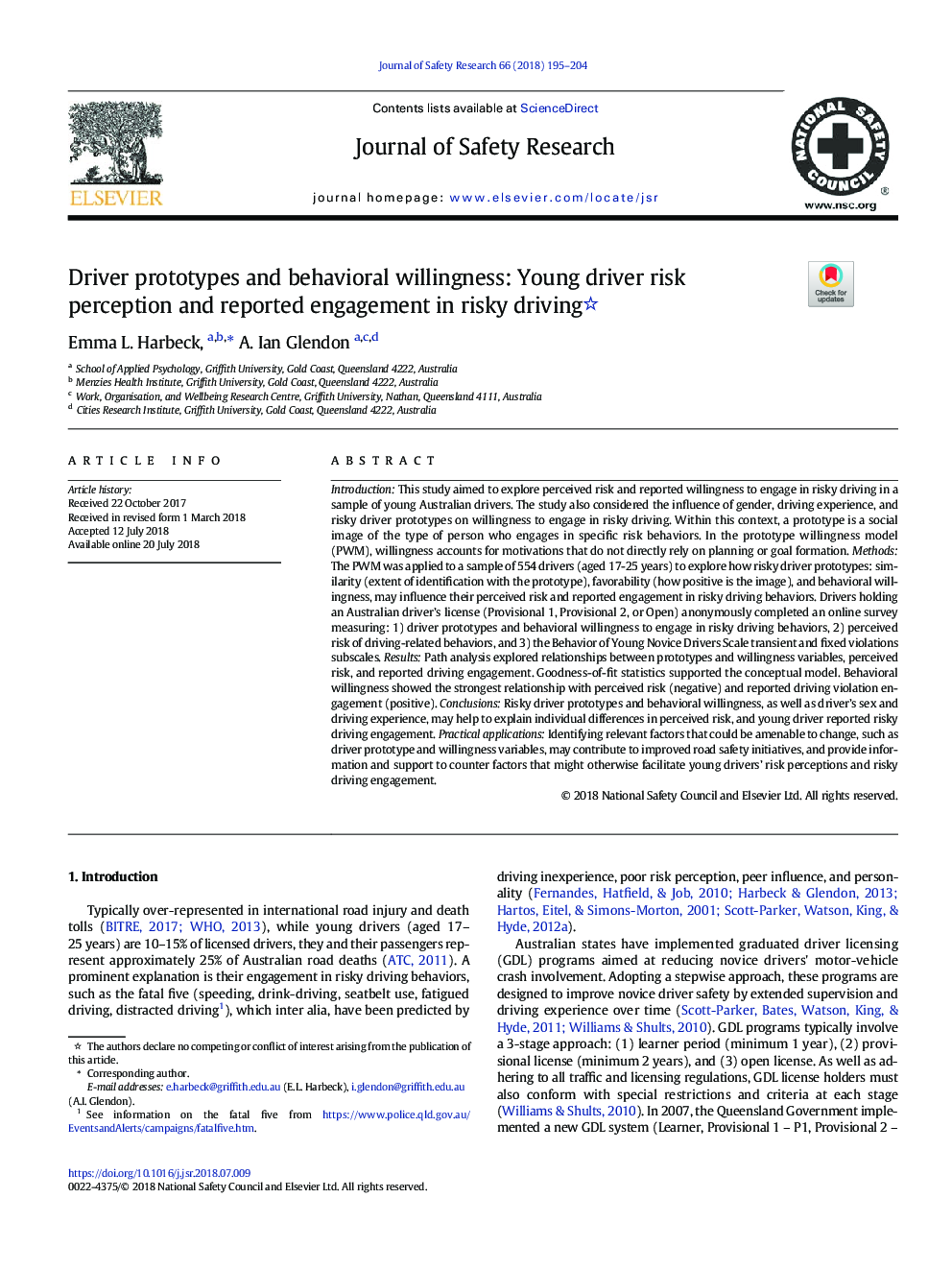 Driver prototypes and behavioral willingness: Young driver risk perception and reported engagement in risky driving