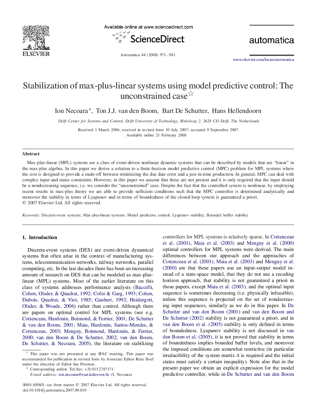 Stabilization of max-plus-linear systems using model predictive control: The unconstrained case 