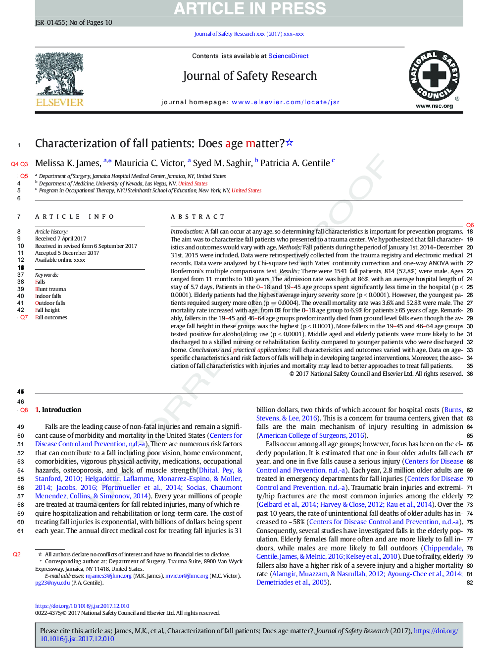 Characterization of fall patients: Does age matter?