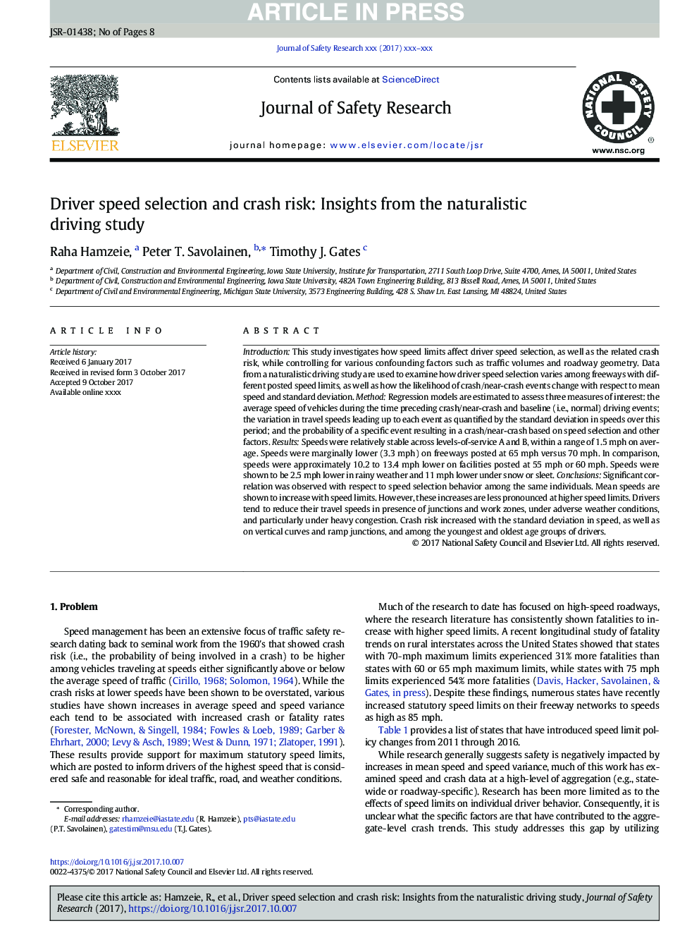 Driver speed selection and crash risk: Insights from the naturalistic driving study