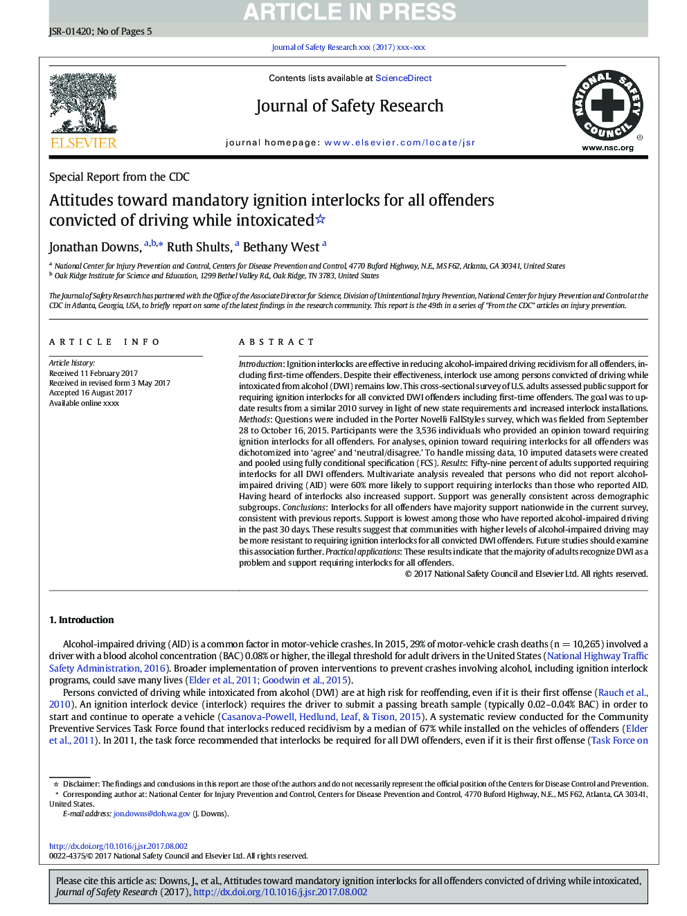 Attitudes toward mandatory ignition interlocks for all offenders convicted of driving while intoxicated