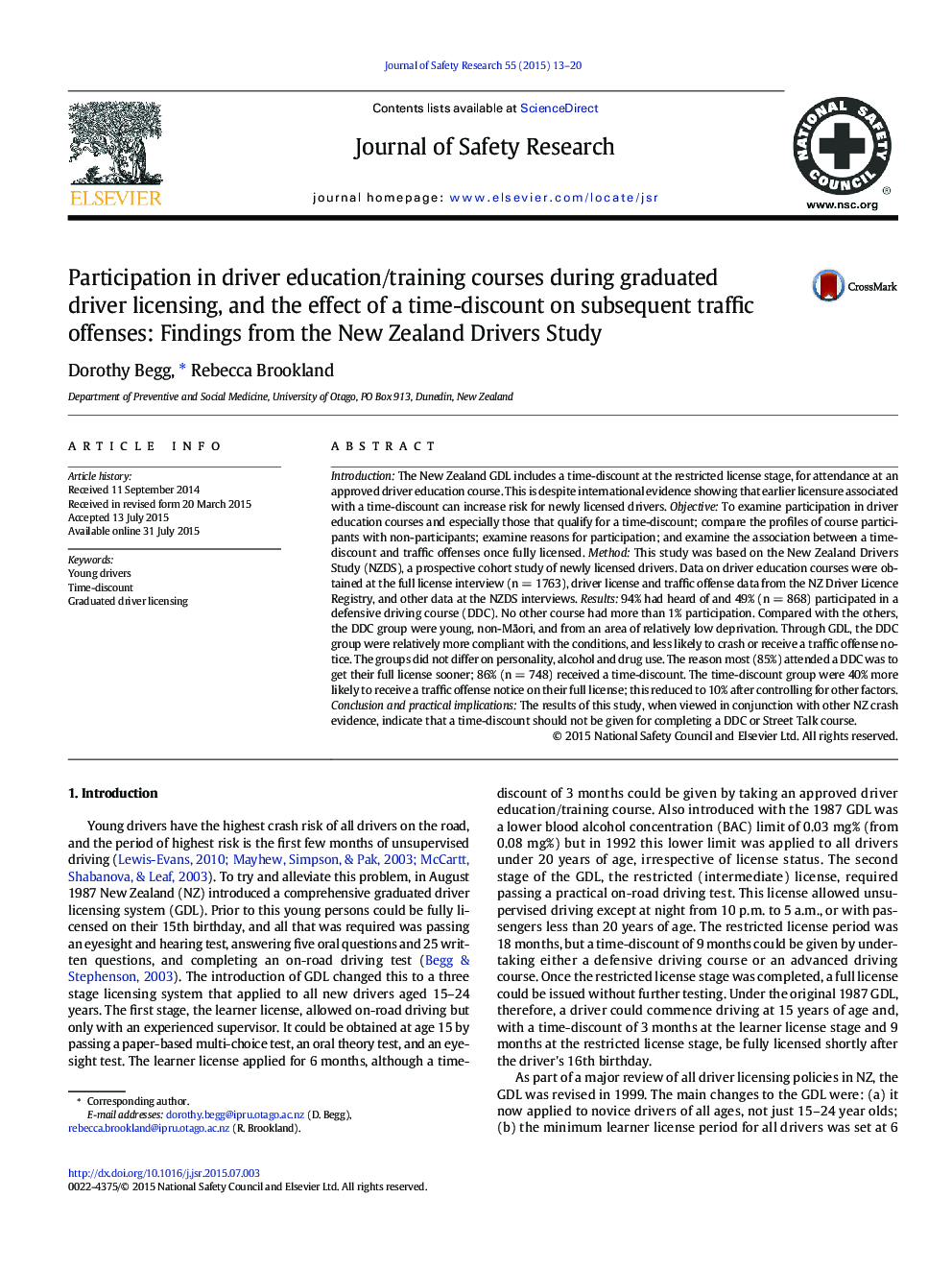 Participation in driver education/training courses during graduated driver licensing, and the effect of a time-discount on subsequent traffic offenses: Findings from the New Zealand Drivers Study