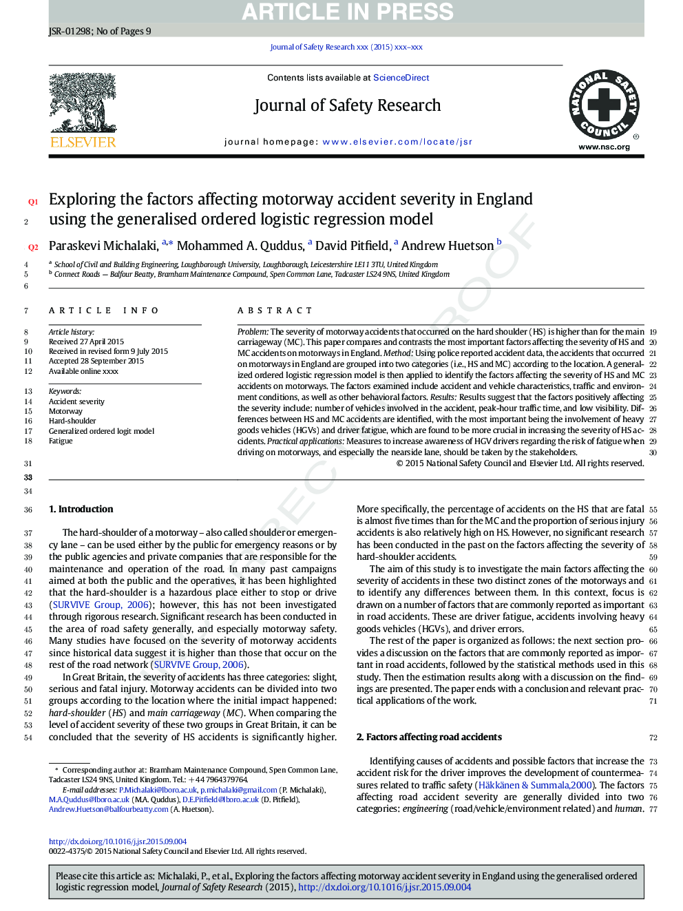 Exploring the factors affecting motorway accident severity in England using the generalised ordered logistic regression model