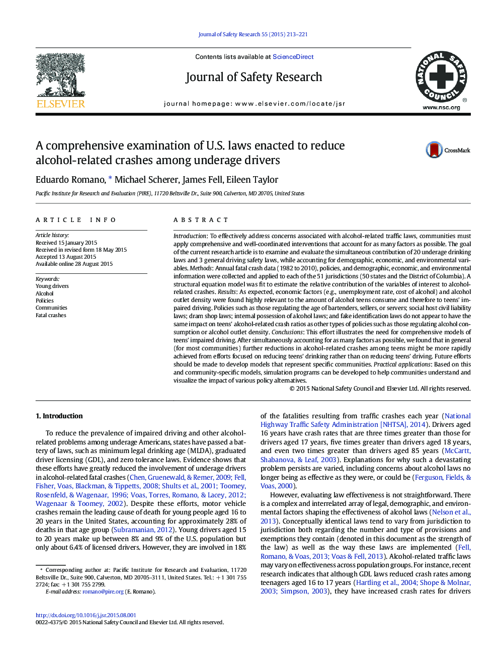 A comprehensive examination of U.S. laws enacted to reduce alcohol-related crashes among underage drivers