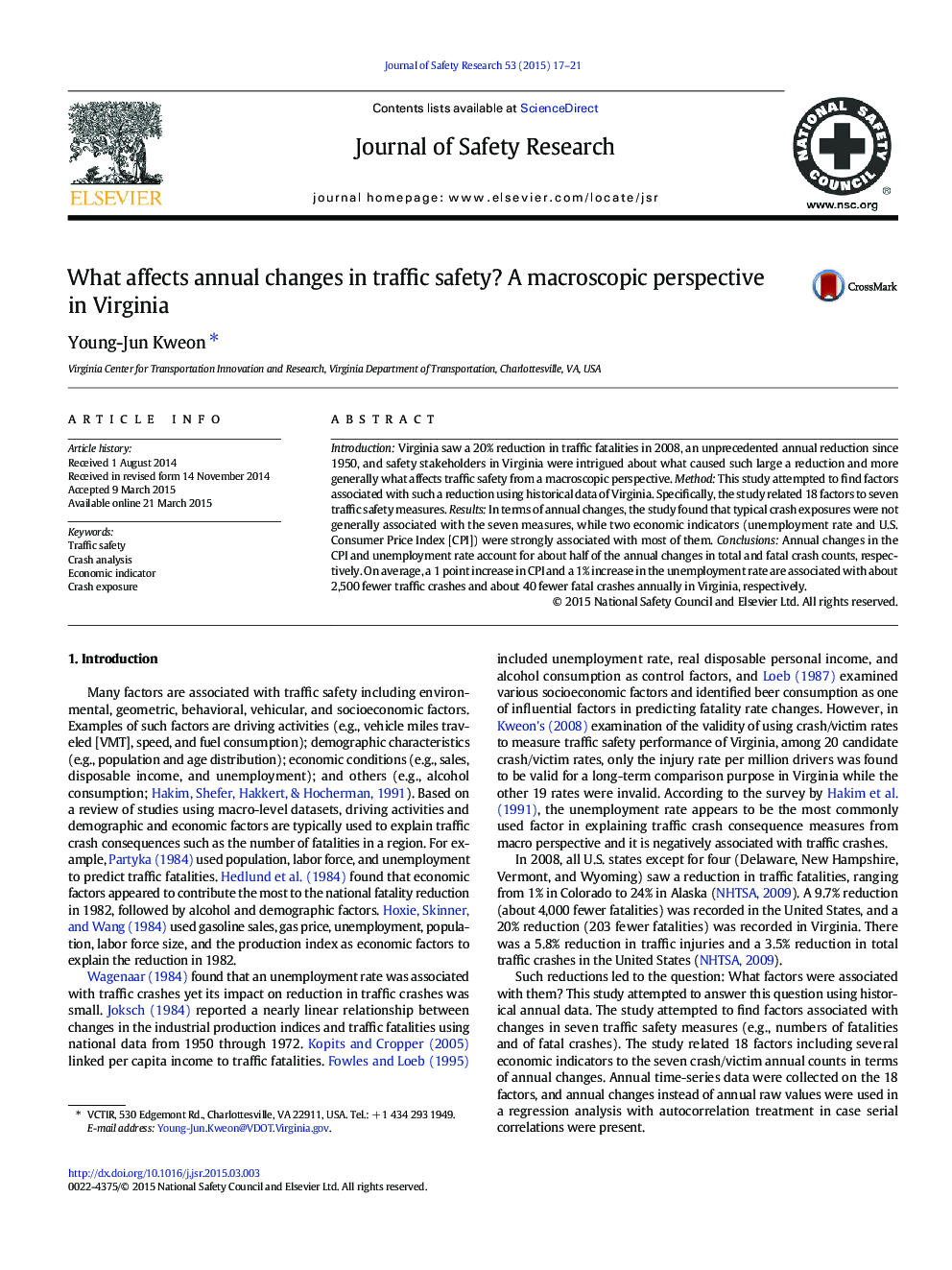 What affects annual changes in traffic safety? A macroscopic perspective in Virginia