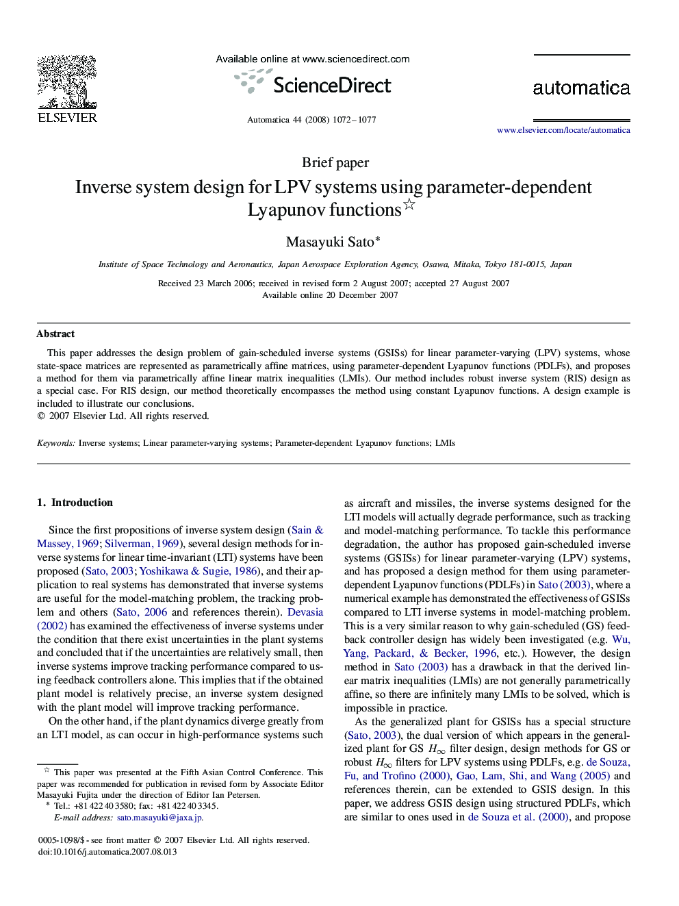 Inverse system design for LPV systems using parameter-dependent Lyapunov functions 