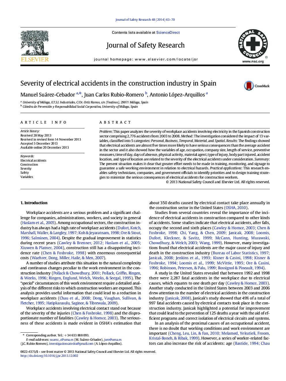 Severity of electrical accidents in the construction industry in Spain