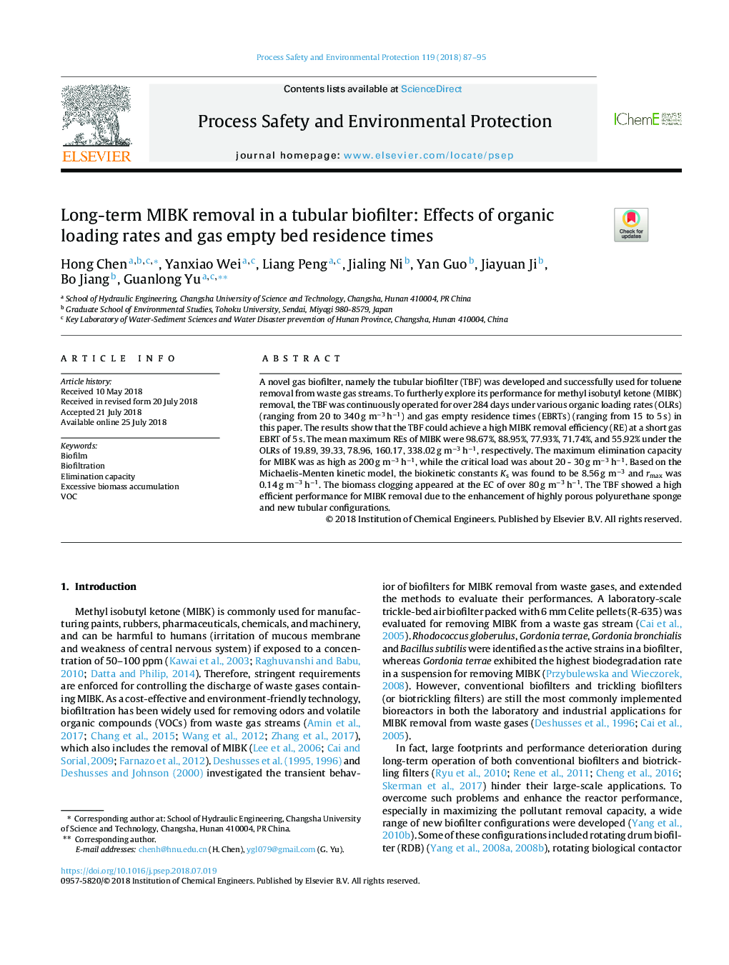 Long-term MIBK removal in a tubular biofilter: Effects of organic loading rates and gas empty bed residence times