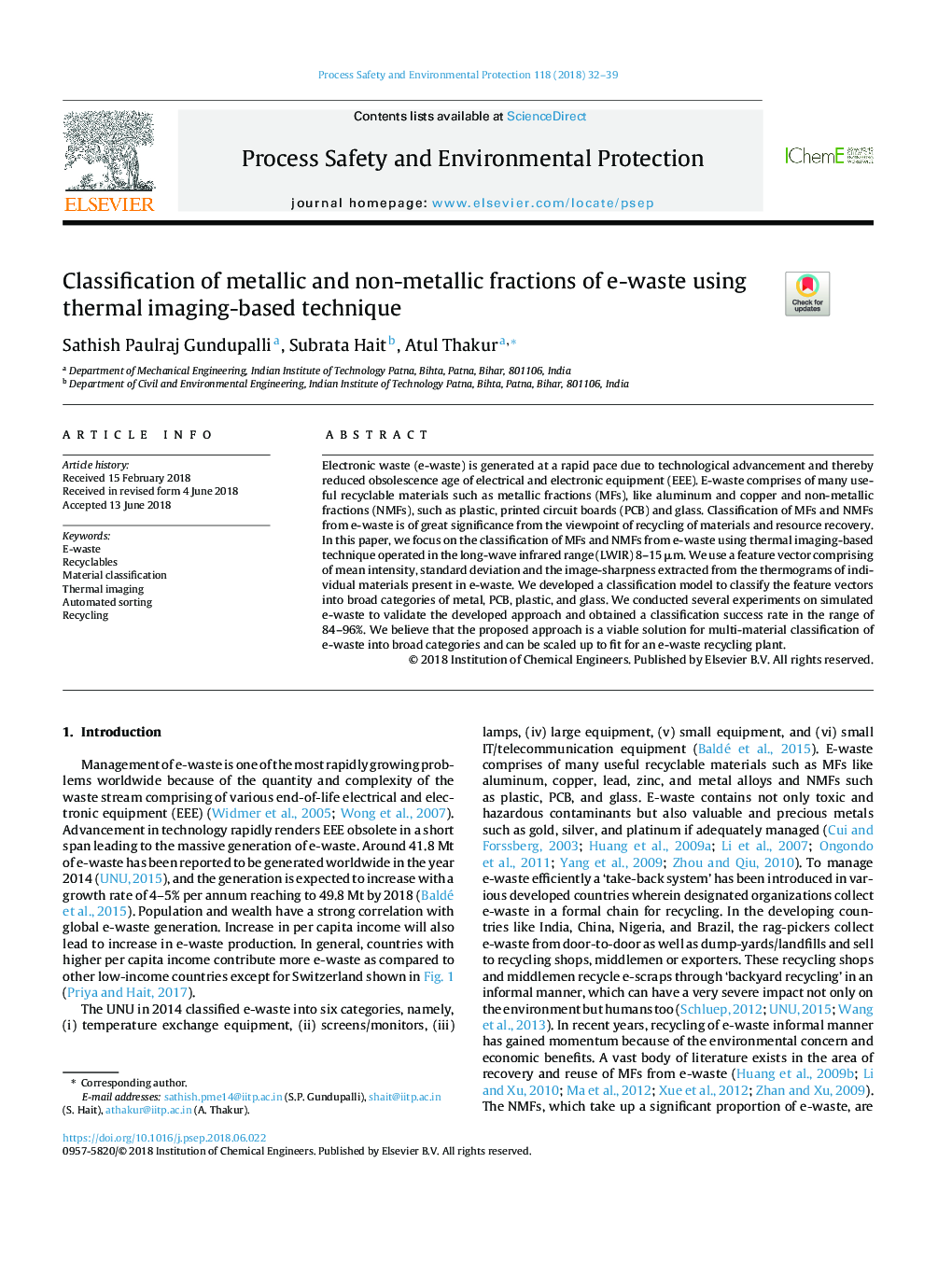 Classification of metallic and non-metallic fractions of e-waste using thermal imaging-based technique