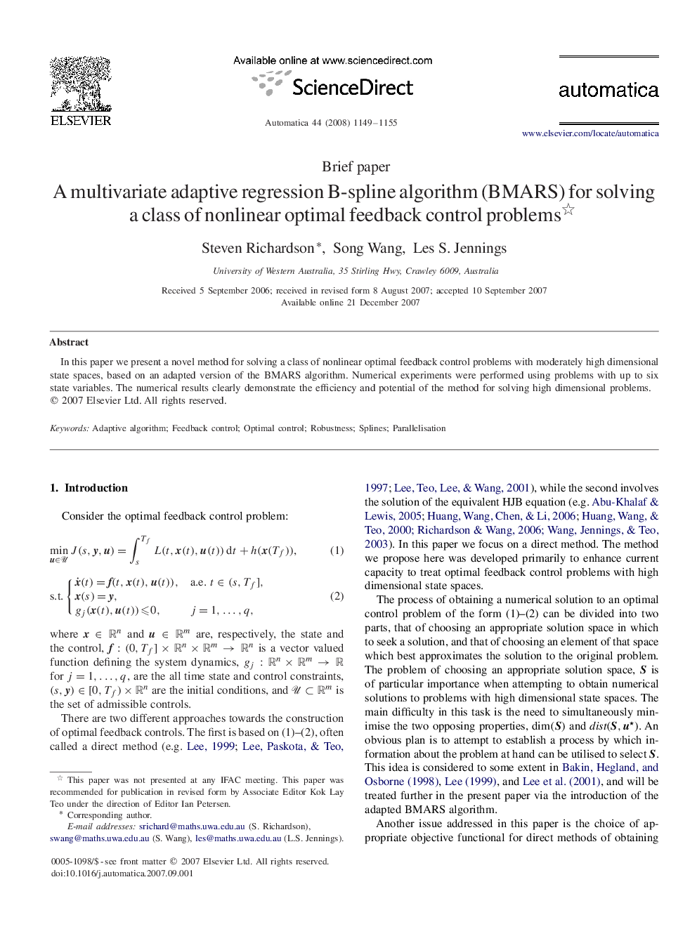 A multivariate adaptive regression B-spline algorithm (BMARS) for solving a class of nonlinear optimal feedback control problems 