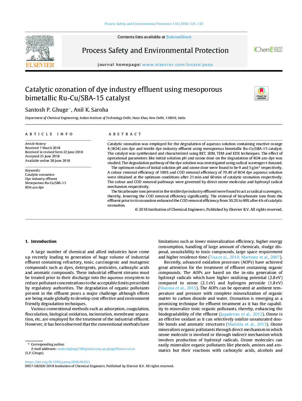 Catalytic ozonation of dye industry effluent using mesoporous bimetallic Ru-Cu/SBA-15 catalyst