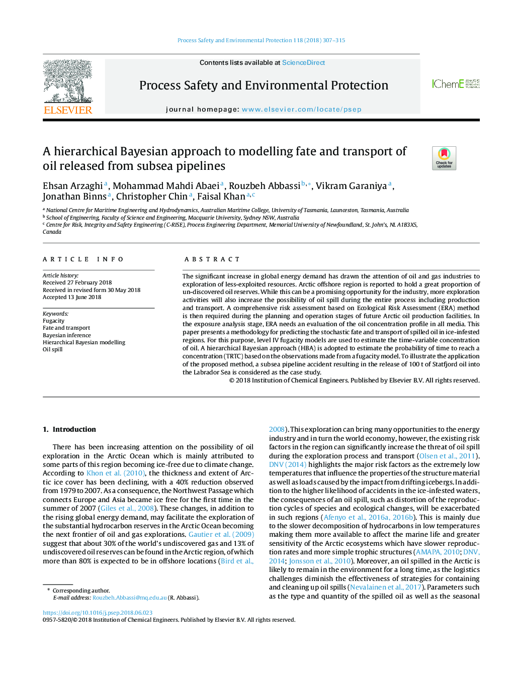 A hierarchical Bayesian approach to modelling fate and transport of oil released from subsea pipelines