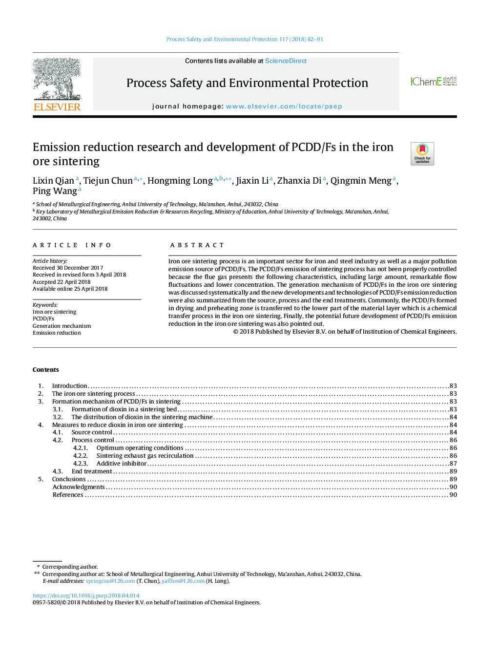 Emission reduction research and development of PCDD/Fs in the iron ore sintering
