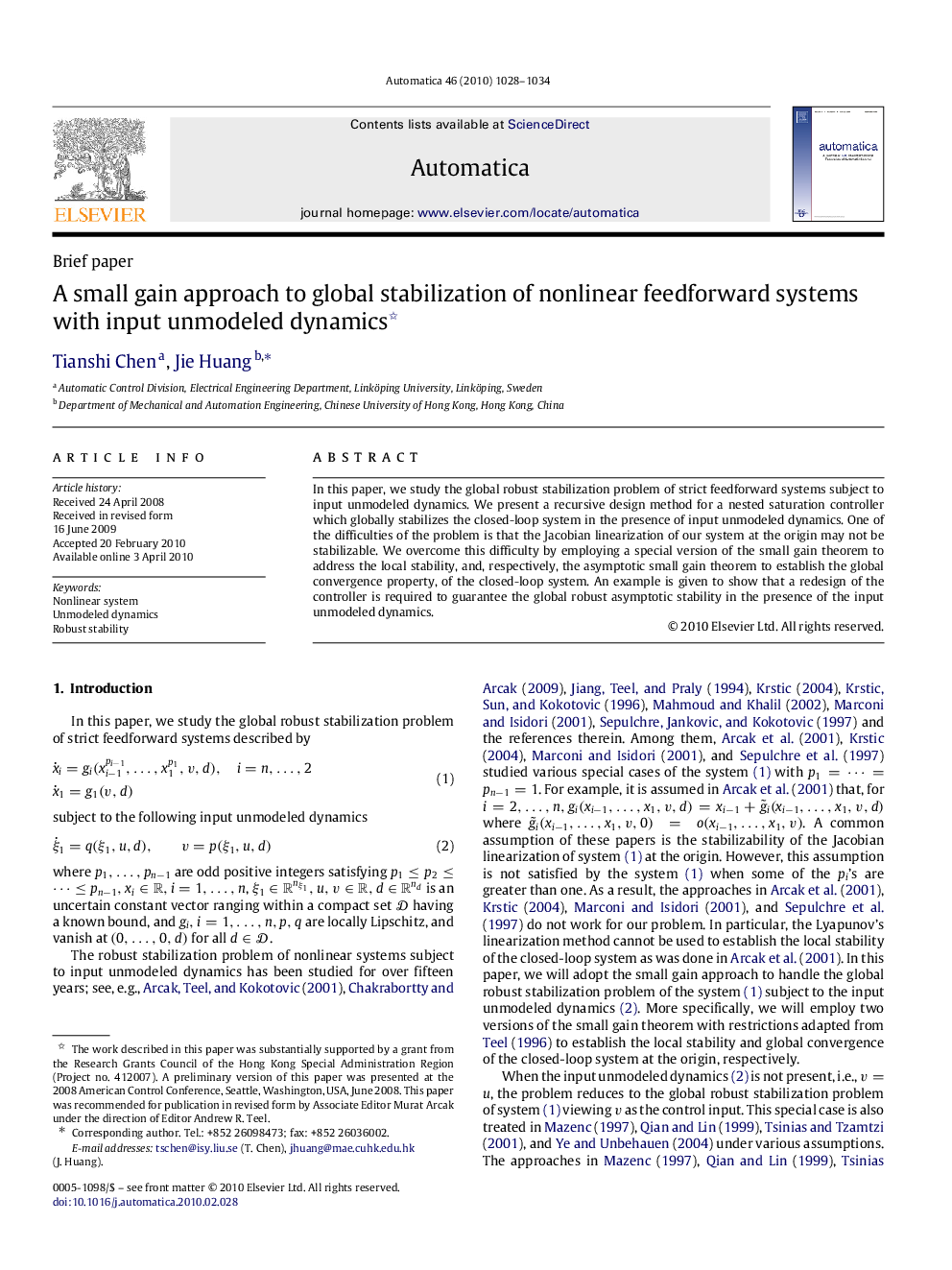 A small gain approach to global stabilization of nonlinear feedforward systems with input unmodeled dynamics 