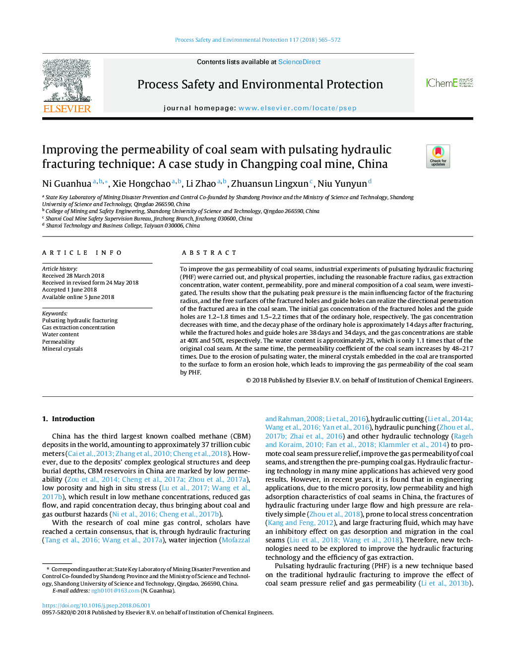 Improving the permeability of coal seam with pulsating hydraulic fracturing technique: A case study in Changping coal mine, China