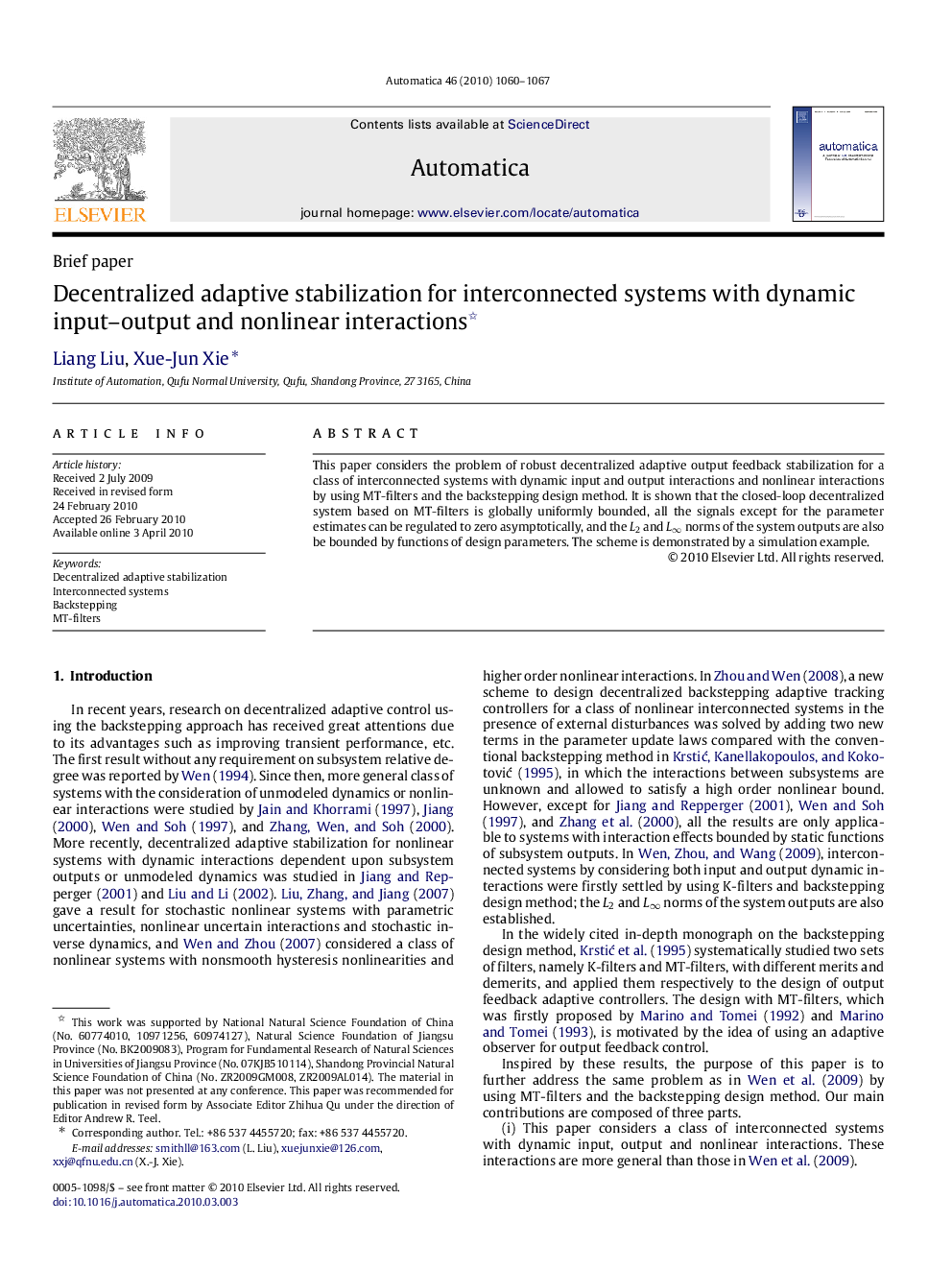 Decentralized adaptive stabilization for interconnected systems with dynamic input–output and nonlinear interactions 