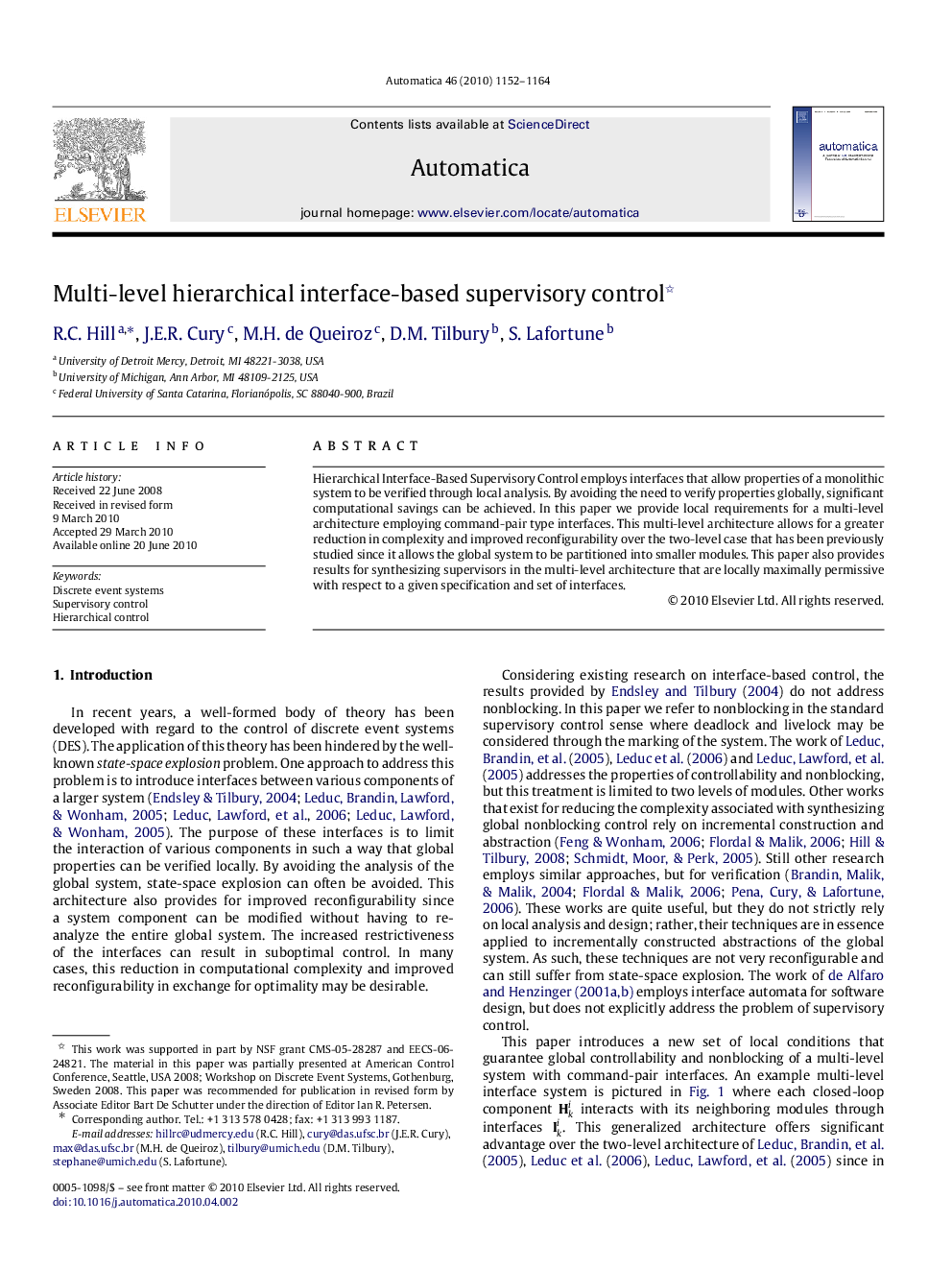 Multi-level hierarchical interface-based supervisory control 