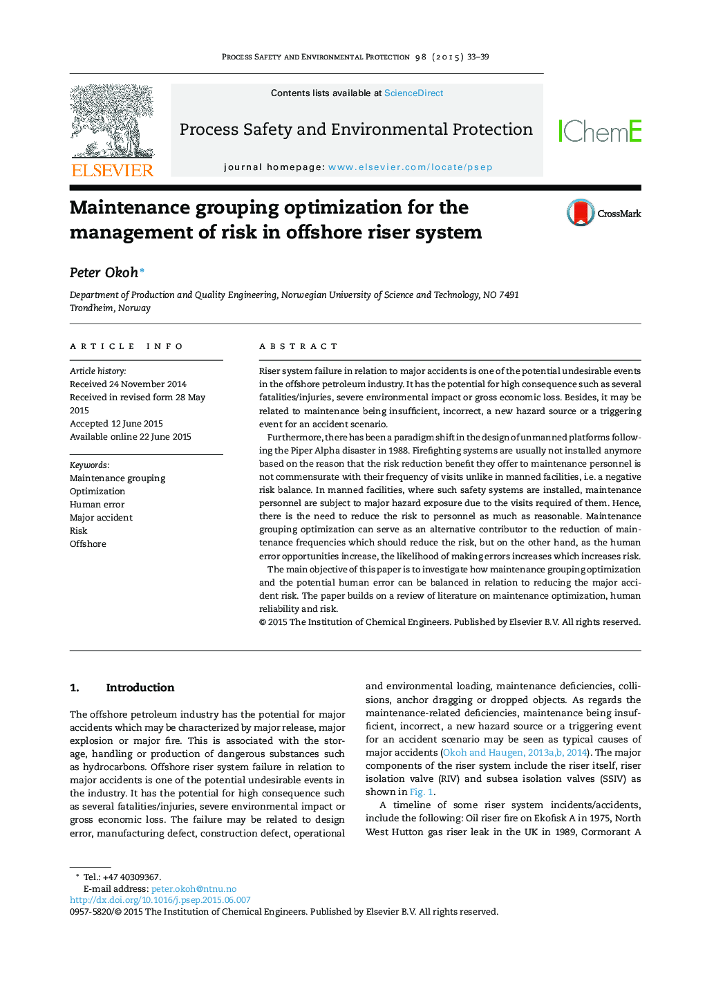 Maintenance grouping optimization for the management of risk in offshore riser system