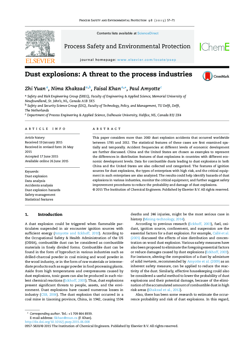 Dust explosions: A threat to the process industries