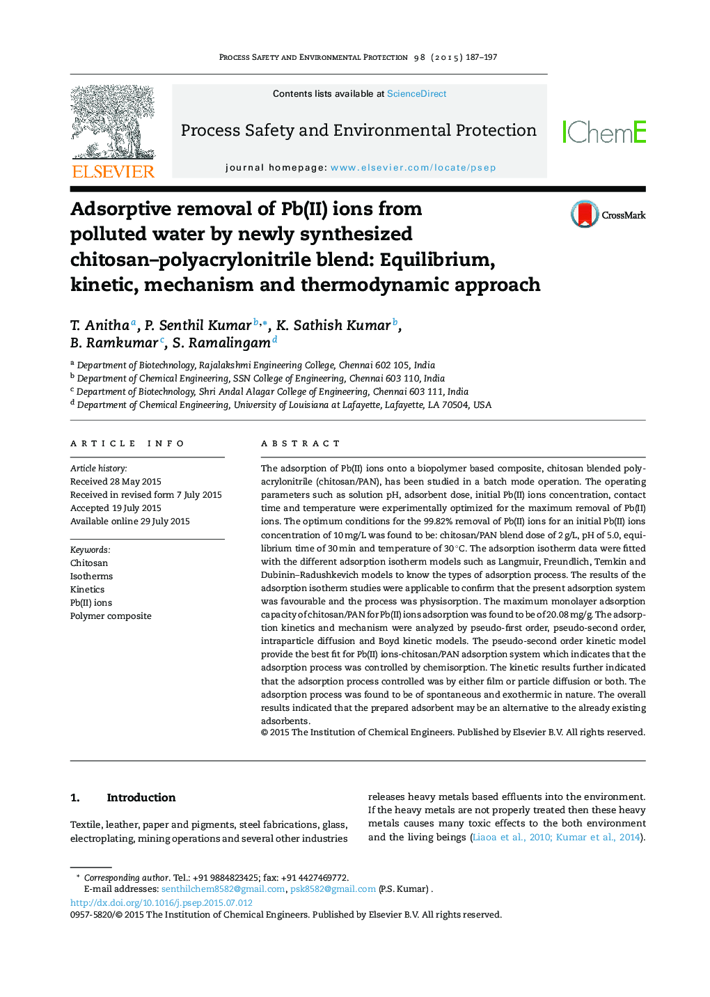 Adsorptive removal of Pb(II) ions from polluted water by newly synthesized chitosan-polyacrylonitrile blend: Equilibrium, kinetic, mechanism and thermodynamic approach