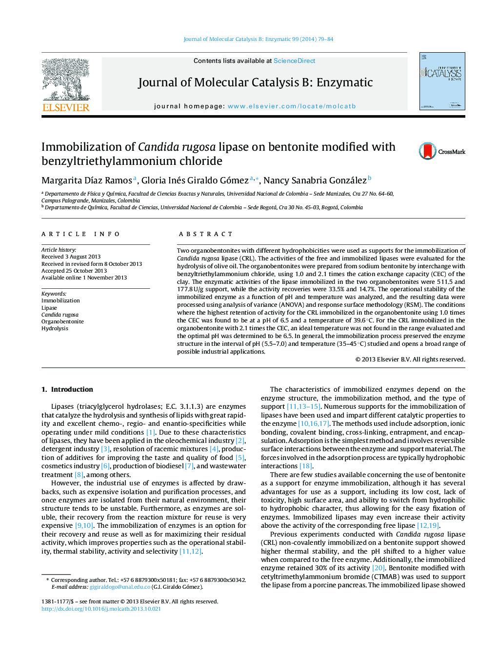 Immobilization of Candida rugosa lipase on bentonite modified with benzyltriethylammonium chloride