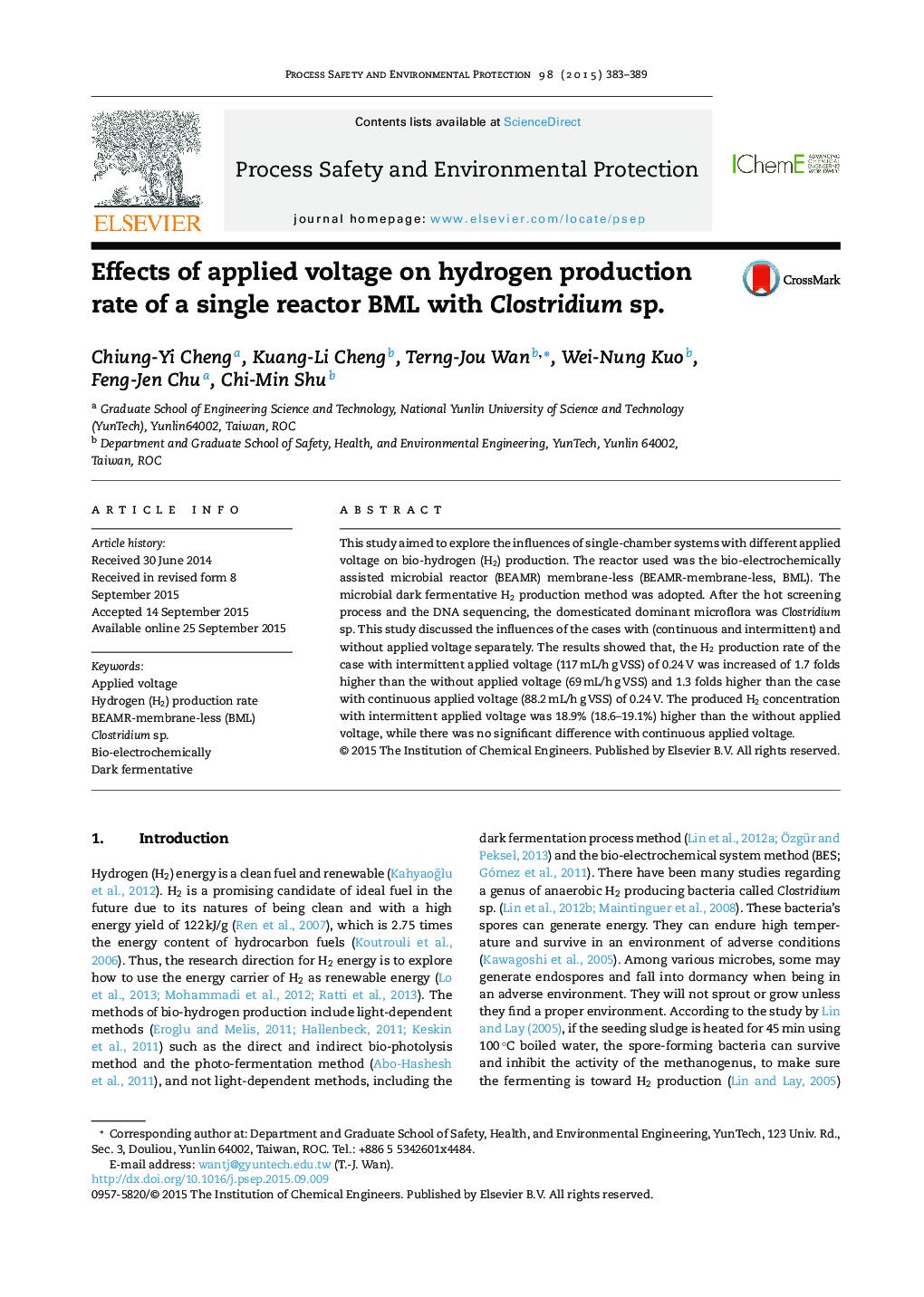 Effects of applied voltage on hydrogen production rate of a single reactor BML with Clostridium sp.