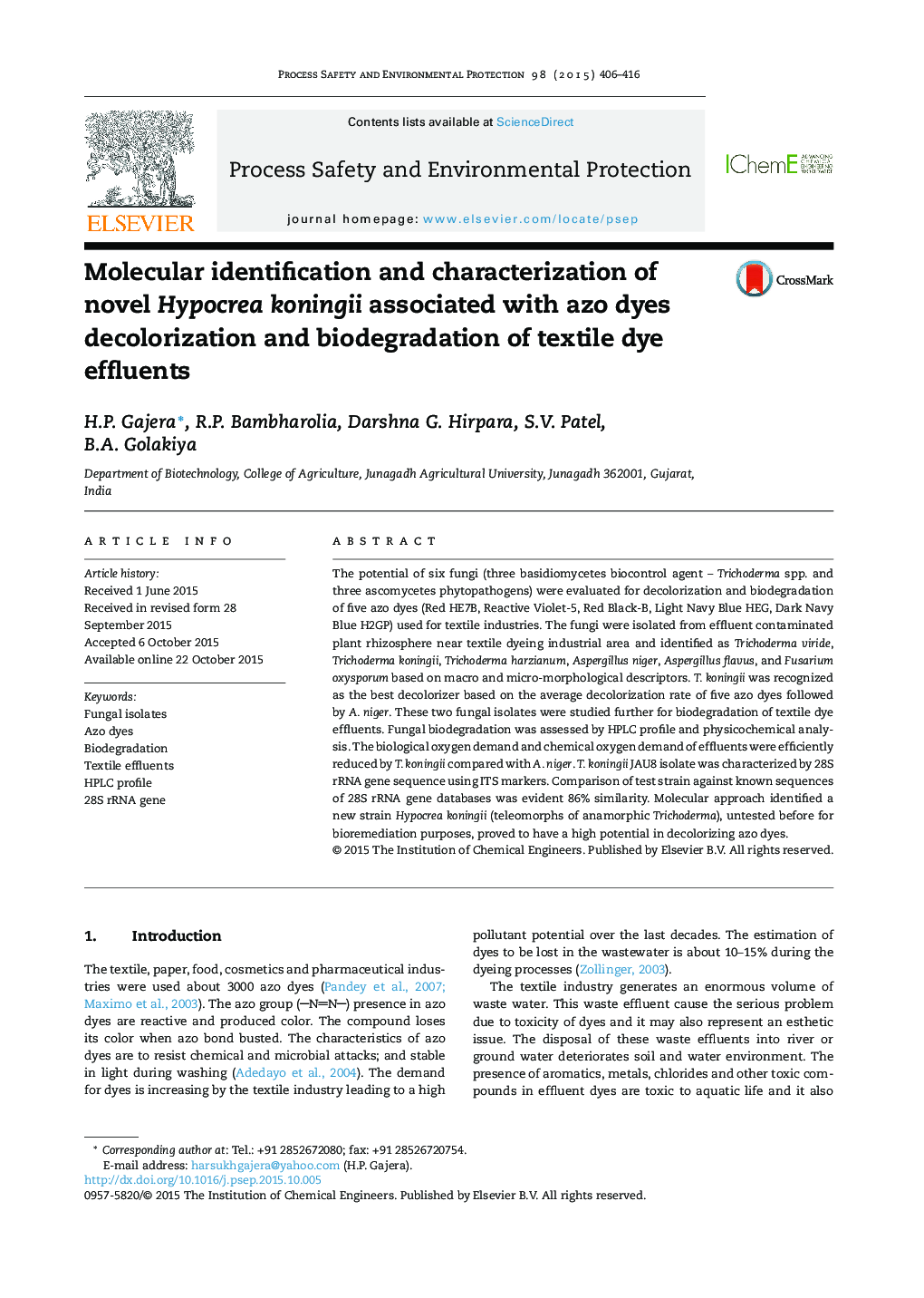 Molecular identification and characterization of novel Hypocrea koningii associated with azo dyes decolorization and biodegradation of textile dye effluents