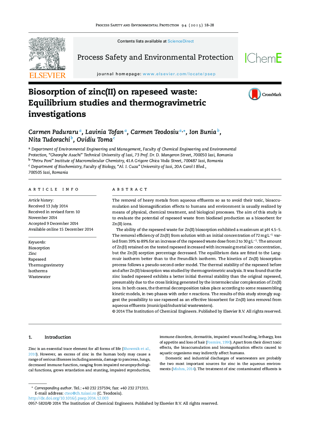 Biosorption of zinc(II) on rapeseed waste: Equilibrium studies and thermogravimetric investigations