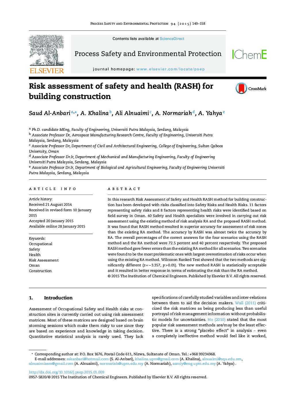 Risk assessment of safety and health (RASH) for building construction