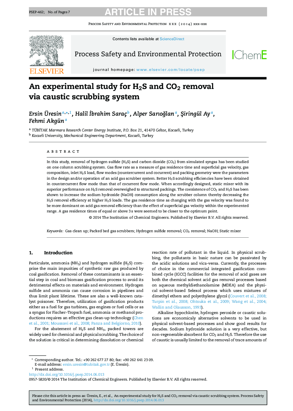 An experimental study for H2S and CO2 removal via caustic scrubbing system