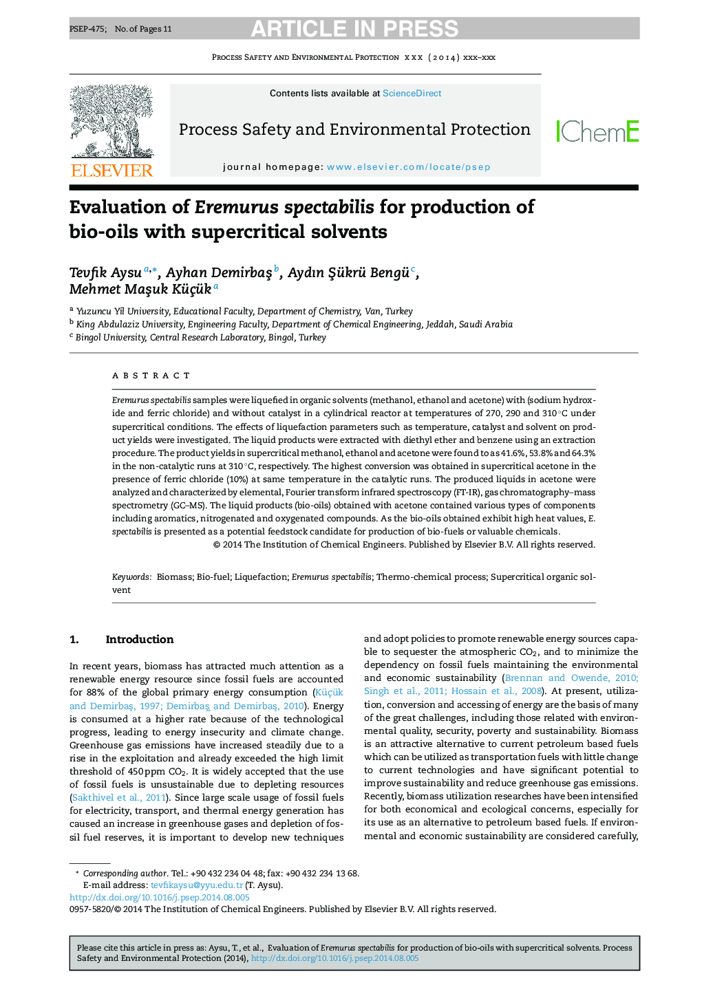Evaluation of Eremurus spectabilis for production of bio-oils with supercritical solvents