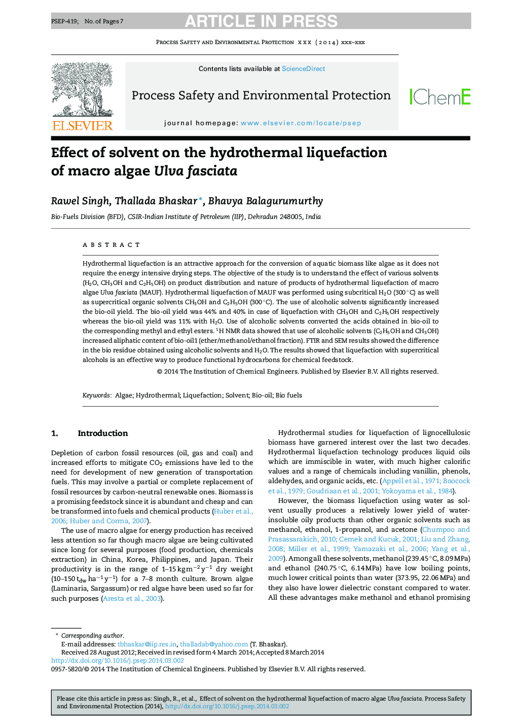 Effect of solvent on the hydrothermal liquefaction of macro algae Ulva fasciata