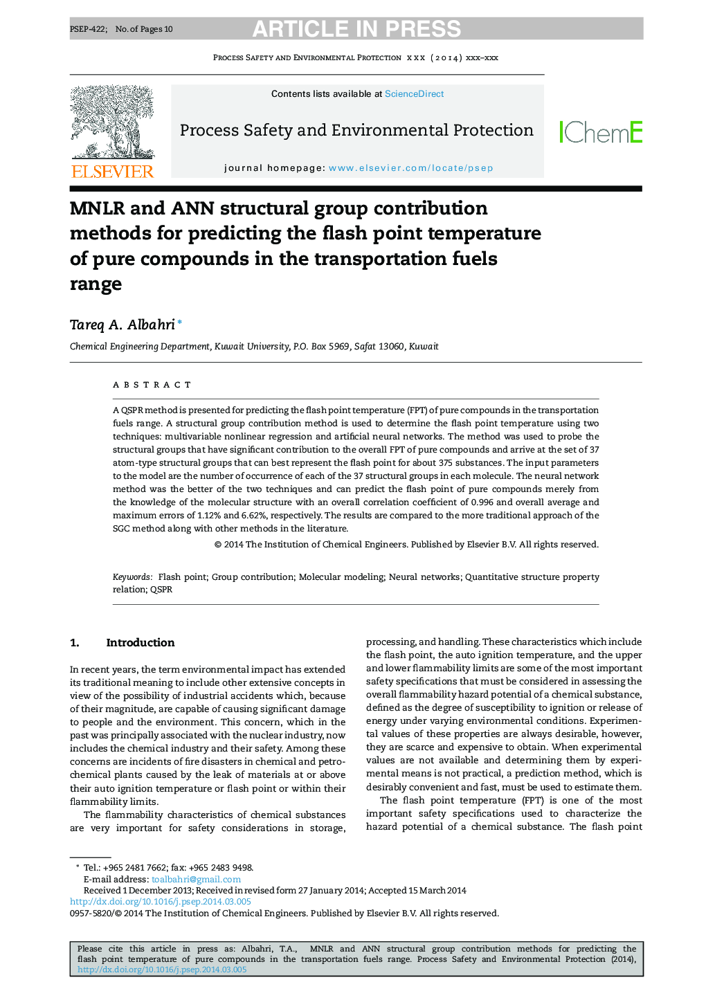 MNLR and ANN structural group contribution methods for predicting the flash point temperature of pure compounds in the transportation fuels range
