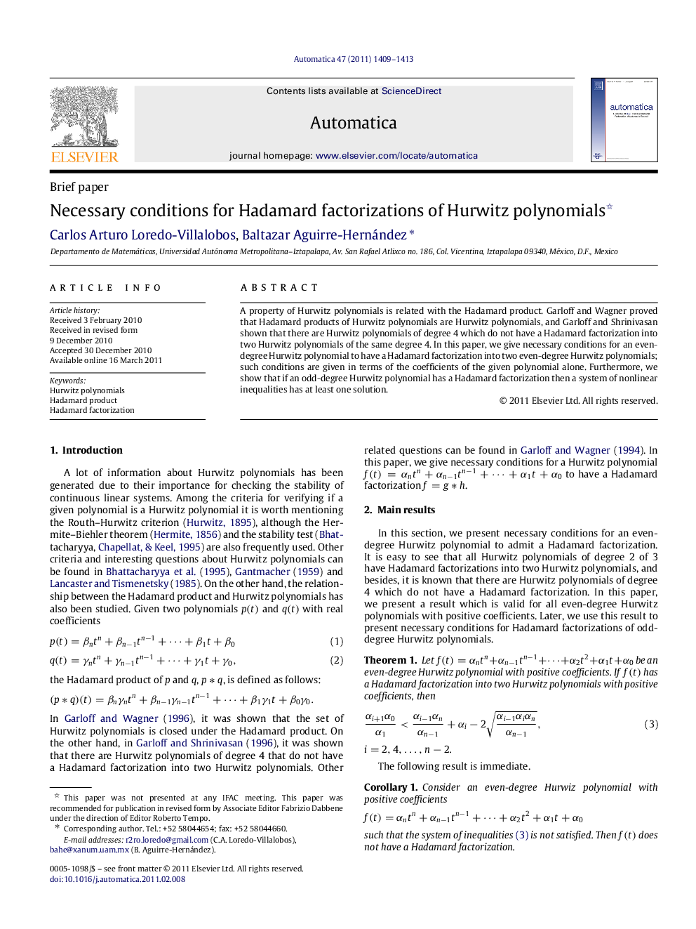 Necessary conditions for Hadamard factorizations of Hurwitz polynomials 