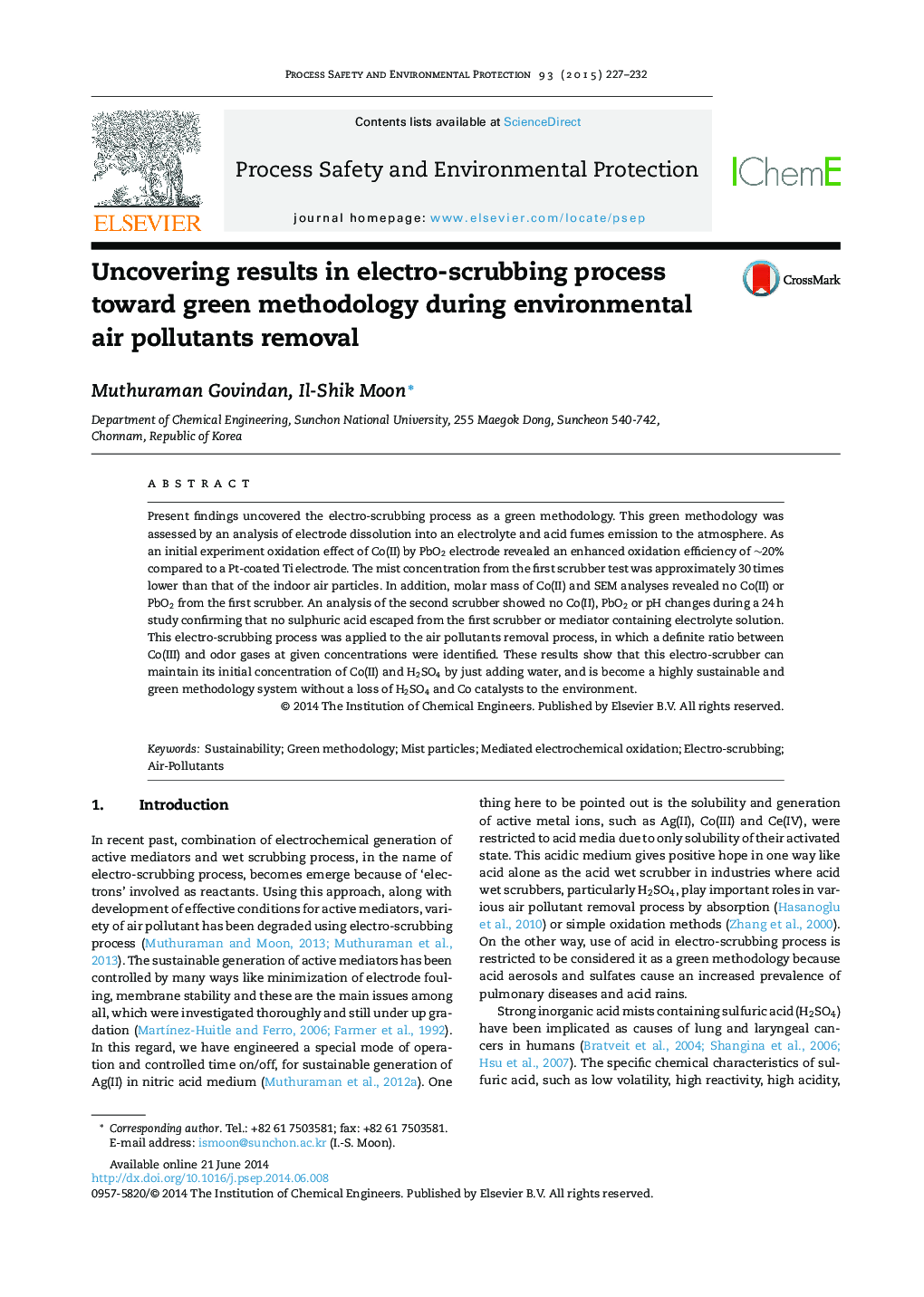 Uncovering results in electro-scrubbing process toward green methodology during environmental air pollutants removal