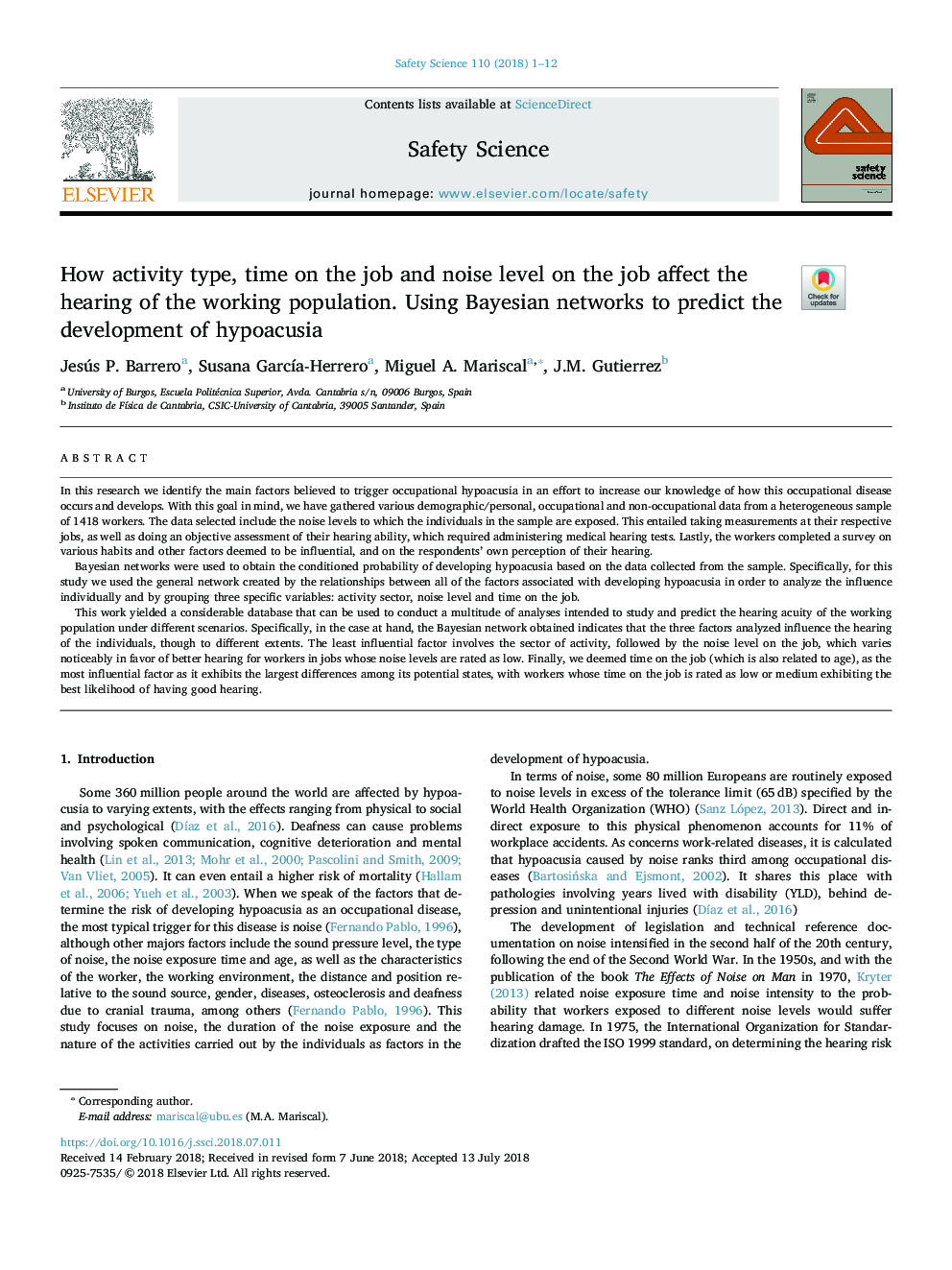 How activity type, time on the job and noise level on the job affect the hearing of the working population. Using Bayesian networks to predict the development of hypoacusia