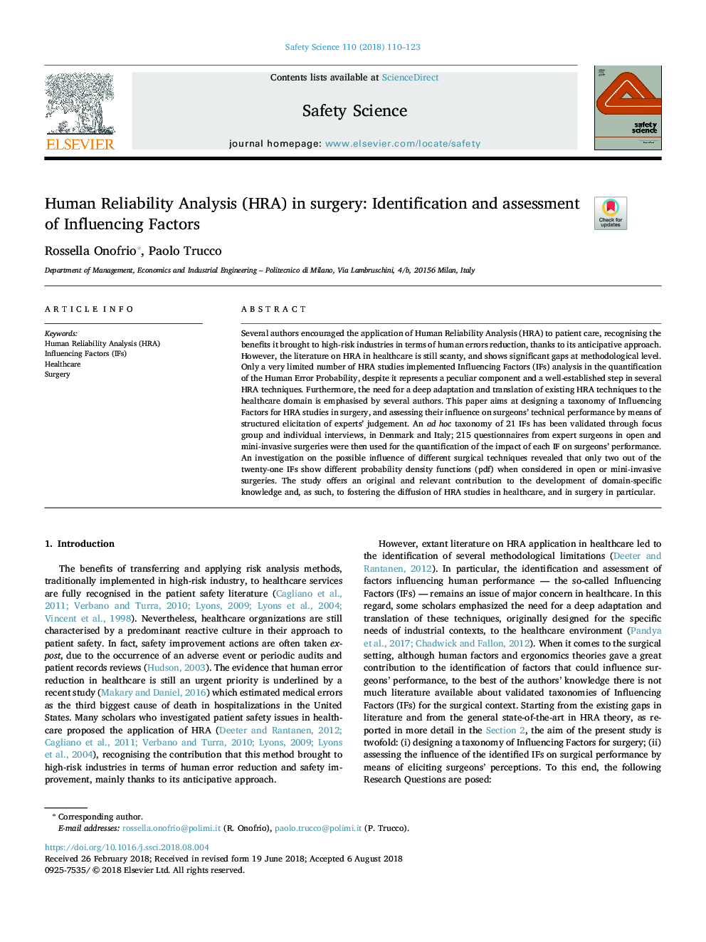 Human Reliability Analysis (HRA) in surgery: Identification and assessment of Influencing Factors