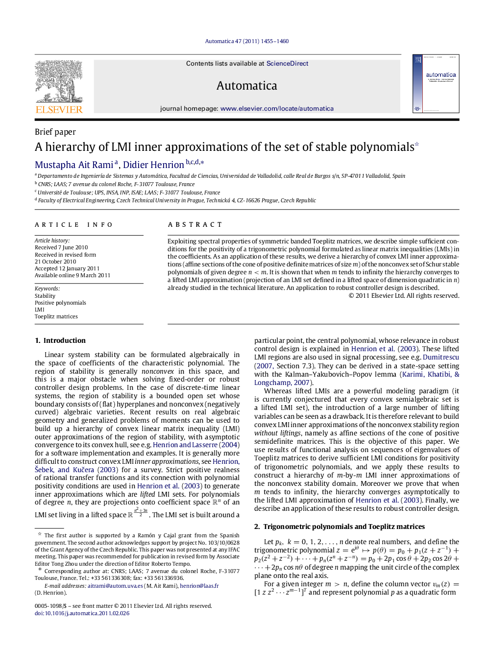 A hierarchy of LMI inner approximations of the set of stable polynomials 