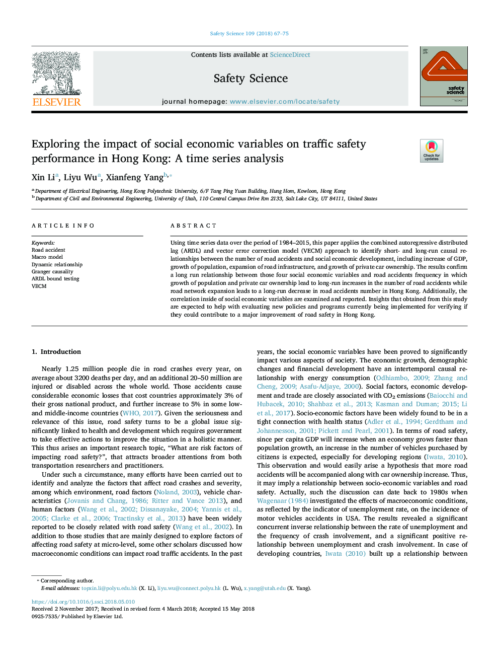 Exploring the impact of social economic variables on traffic safety performance in Hong Kong: A time series analysis