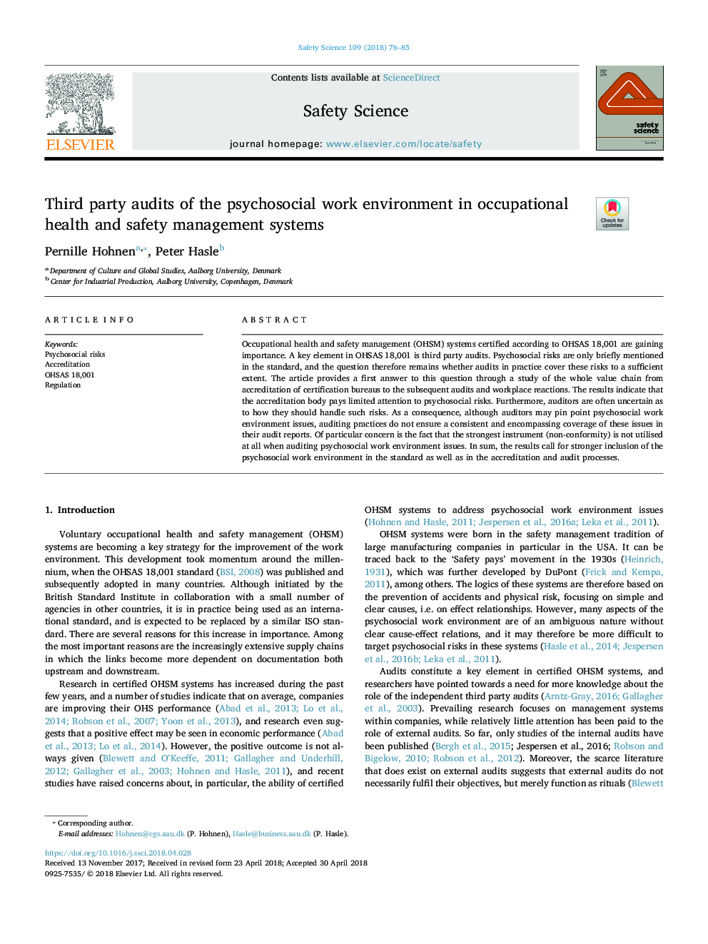 Third party audits of the psychosocial work environment in occupational health and safety management systems