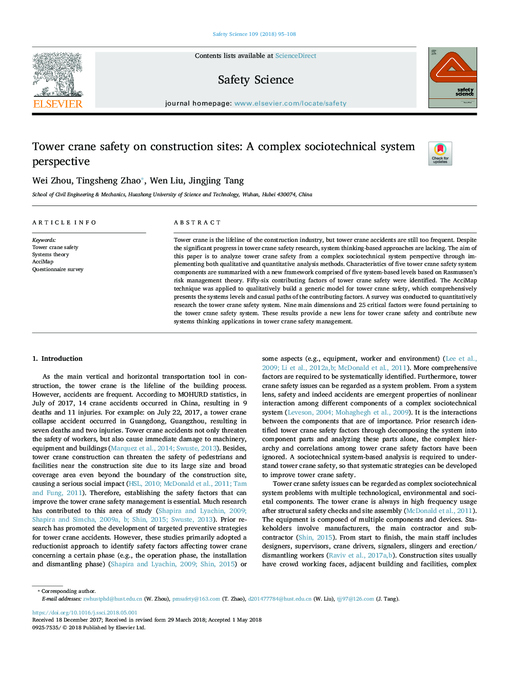 Tower crane safety on construction sites: A complex sociotechnical system perspective